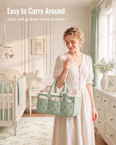Blissful Diary Baby Diaper Caddy Organizer, Nursery Basket, Bow Sage Green - Image 5