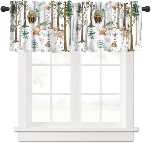 Forest Animal Valance Curtain for Kids Cartoon Watercolour Cute Forest Birch by AAVEUP