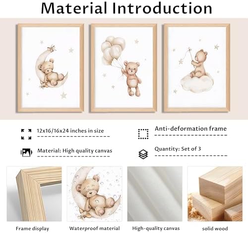 Framed Teddy Bear Wall Art Nursery Decor Set of 3, Bear Sleeping on The Moon - Image 5