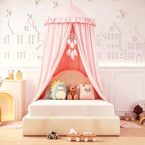 Mengesi Bed Canopy with Pom Pom- Lace Chiffon Canopy Bed Curtains, Double - Image 6