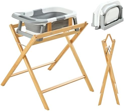FUNLIO Baby Bathtub with Stand, Collapsible Baby Bathtub & Foldable Wooden Stand by FUNLIO