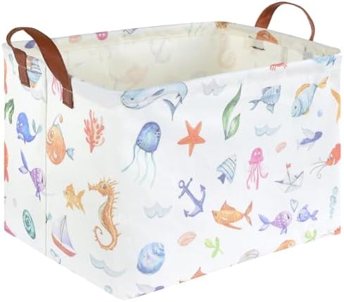 Rectangle Fish Basket, Ocean Animals Waterproof Kids foldable Laundry Basket by FXOCSHE