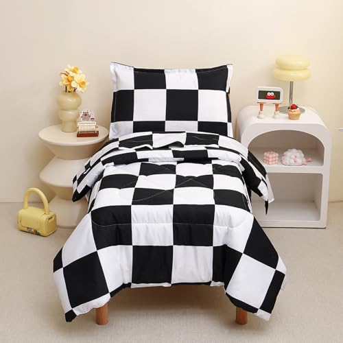 Caressma Checkered Toddler Bedding Set Black White Plaid Comforter Set by Caressma