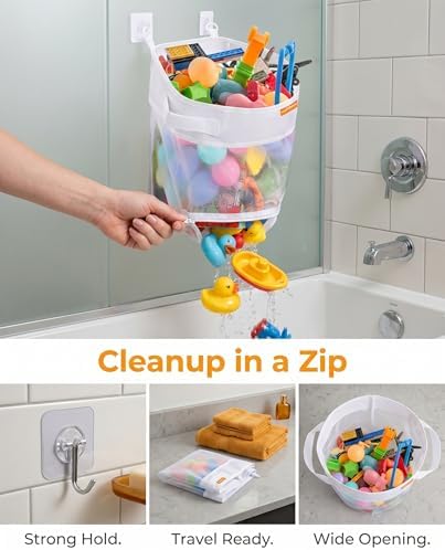 Bath Toy Organizer with Quick Release Zipper, Large Mesh Baby Bath Toy Storage - Image 4