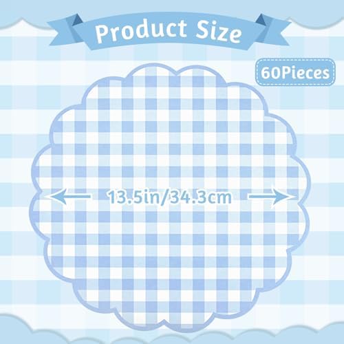 60 Pcs Blue Gingham Paper Placemats, Scalloped Blue Checkered Place Mat - Image 2