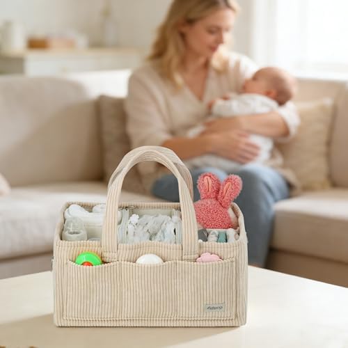 Diaper Caddy Organizer Beige Corduroy Nursery Storage Basket - Image 2
