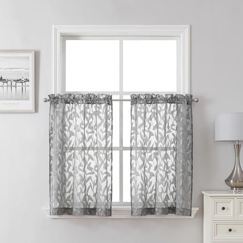 Lecloud Leia 36 Inch Charcoal Grey Sheer Curtains Tiers 2 Panels, Clip Textured by Lecloud