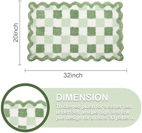 ORTIGIA Cute Green Checkered Scalloped Bath Mat, Fun Plush Microfiber Bathroom - Image 2