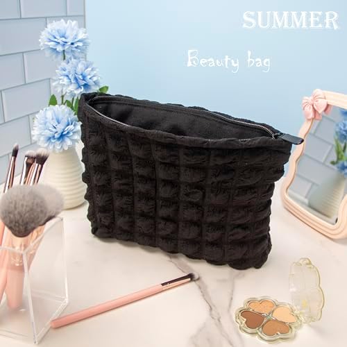 Flat Makeup Bag for Women, Zipper Cosmetic Pouch for Purse, Bubble Black - Image 2