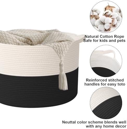 65L Large Blanket Basket, Woven Rope Laundry Basket-White&Black - Image 3