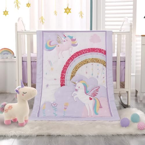 Mini Girl Crib Bedding Set, 3 Piece Unicorn Mini Crib Comforter Set, Baby Girl by WOWELIFE