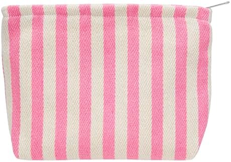 Flat Makeup Bag for Women, Zipper Cosmetic Pouch for Purse, Stripe Pink by PAZIMIIK