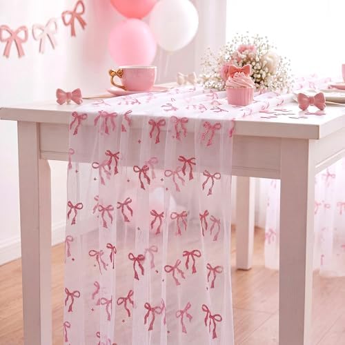 4 Pcs Pink Bow Table Runner 29x70 White Tulle Lace - Image 5