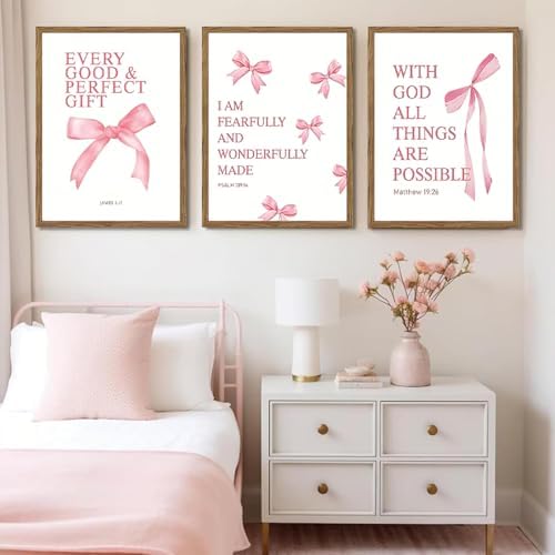 JBZDD Wood Coquette Pink Bow Canvas Wall Art Set of 3, Inspirational Bible - Image 5