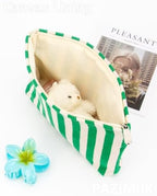 Flat Makeup Bag for Women, Zipper Cosmetic Pouch for Purse, Stripe Green - Image 2