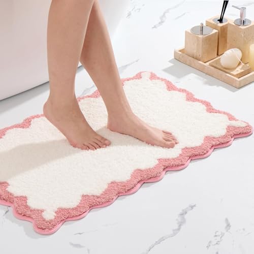 ORTIGIA Scalloped Pink Bathroom Rugs Non Slip Washable, Quick Dry Absorbent by ORTIGIA