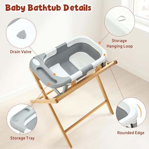 FUNLIO Baby Bathtub with Stand, Collapsible Baby Bathtub & Foldable Wooden Stand - Image 5