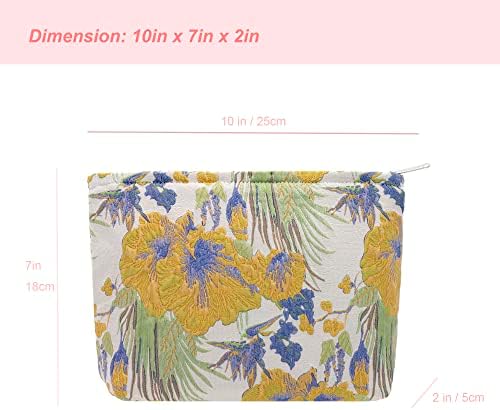Flat Makeup Bag for Women, Zipper Cosmetic Pouch Purse, Brocade Flower Yellow - Image 5