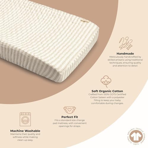 Crane Baby 100% Organic Cotton Change Pad Cover, Neutral Stripe Pattern - Image 2