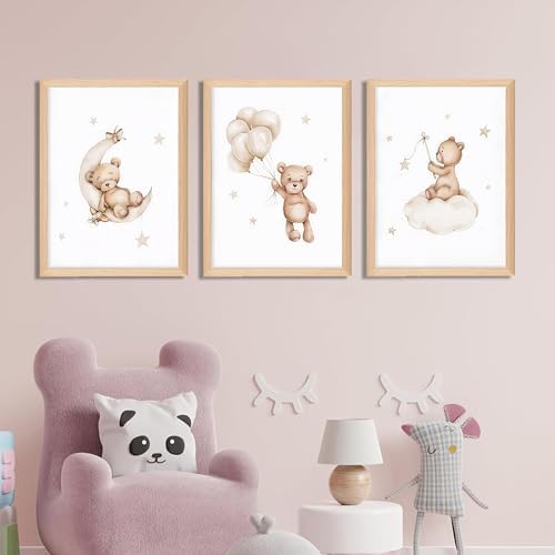 Framed Teddy Bear Wall Art Nursery Decor Set of 3, Bear Sleeping on The Moon - Image 2