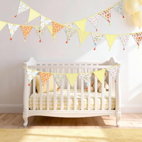 G2PLUS 10.8Ft Cotton Triangle Bunting Banner – 12pcs Yellow Floral Fabric - Image 4