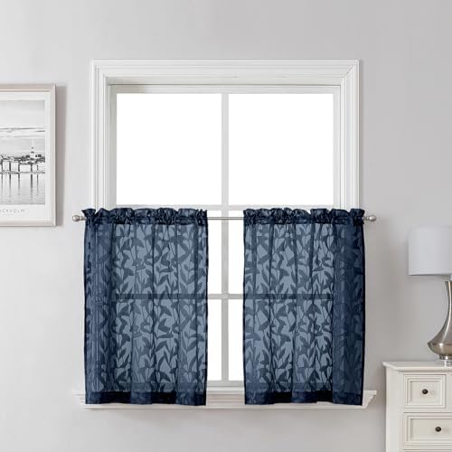Lecloud Leia Navy Blue Kitchen Sheer Curtains 24 Inch 2 Pcs, Jacquard Leaf by Lecloud