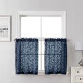 Lecloud Leia Navy Blue Kitchen Sheer Curtains 24 Inch 2 Pcs, Jacquard Leaf by Lecloud