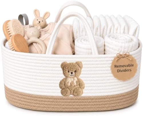 Baby Diaper Caddy Organizer, Teddy Bear Cotton Rope Nursery Basket by KeminaBlankets