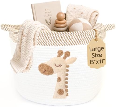 Giraffe Baby Storage Basket, Woven Cotton Rope Nursery Bin, 15x11 in by KeminaBlankets