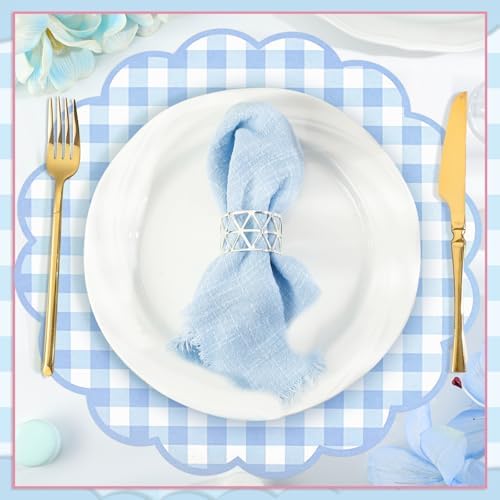 60 Pcs Blue Gingham Paper Placemats, Scalloped Blue Checkered Place Mat - Image 3