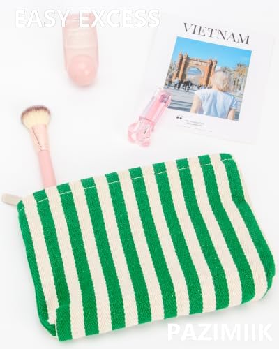 Flat Makeup Bag for Women, Zipper Cosmetic Pouch for Purse, Stripe Green - Image 6