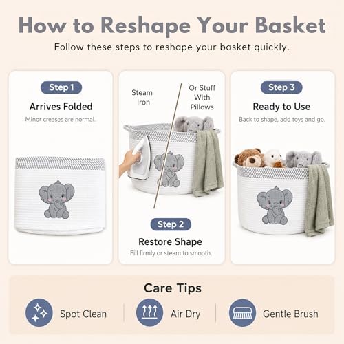 Elephant Baby Storage Basket, Woven Cotton Rope Nursery Bin, 15x11 in - Image 7