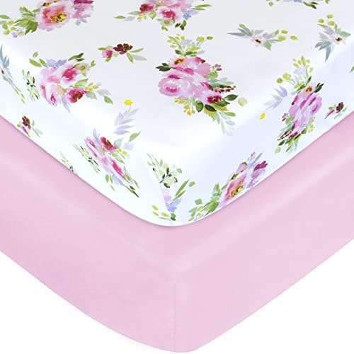 Crib Sheets Girls 2 Pack Floral, Fitted Crib Sheet by Moonsea