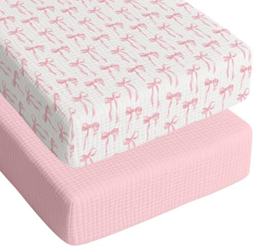Breling 2 Pcs Muslin Pink and Pink Bow Crib Sheets by Breling