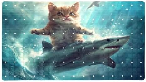Shower Mat Non Slip 26.8 x 15.1 Inches, Funny Cat Riding Shark Ocean Bathtub by Anna+Cowper
