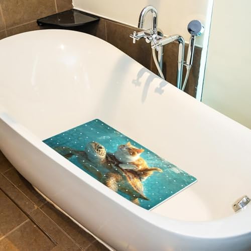Bathtub Mat Non Slip 26.8x15.1In, Cat Riding Turtle Ocean Bath Mat - Image 5