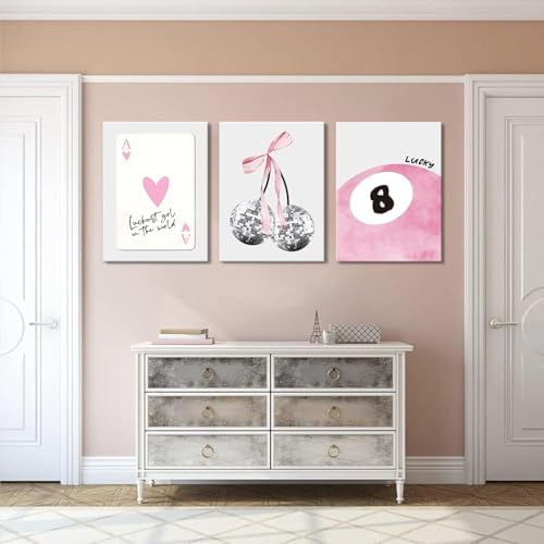 JBZZD Pink Coquette Canvas Wall Art Set of 3 Trendy Preppy Disco 8 Ball Cherry - Image 7