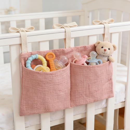 Muslin Cotton Baby Bedside Hanging Storage Bag, 2-Pocket Crib Diaper Caddy - Image 6