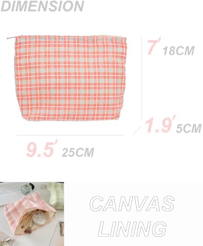 Flat Makeup Bag for Women, Zipper Cosmetic Pouch for Purse, Check Red - Image 4