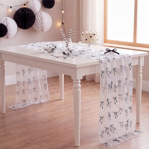 4 Pcs White Tulle Table Runner Black Bow, 29 X 70 Inch Lace - Image 4
