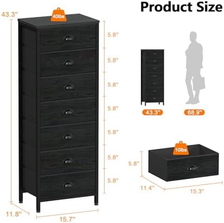 Furnulem Black Bedroom Dresser, Tall Chests of Drawers - Image 3