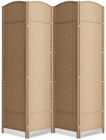 4 Panel Folding Room Divider, Woven Privacy Screen, Light Beige by cocosica