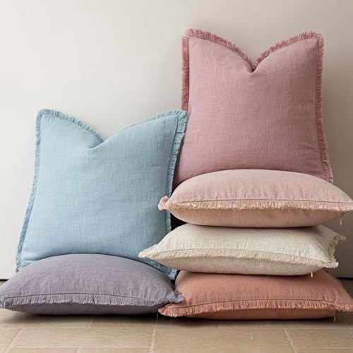 Foindtower Boho Linen Fringe Lumbar Throw Pillow Covers 12×20 Rose Pink - Image 6