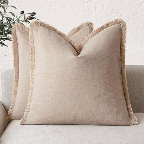 Foindtower Decorative Linen Fringe Throw Pillow Covers 24×24 Inch, Tan Beige by Foindtower