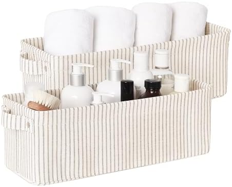 StorageWorks Fabric Narrow Storage Bins, Khaki and Beige Stripes by StorageWorks
