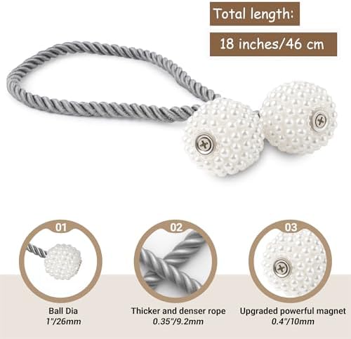 Hion Magnetic Curtain Tiebacks Grey 2pcs, Curtain Holdbacks Hooks Holders - Image 2