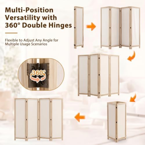 Wood Room Divider Panel with Linen Fabric, Boho Folding Privacy Screen 67" - Image 3