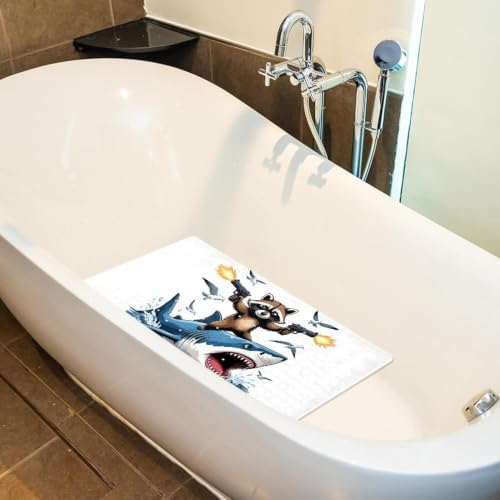 Bathtub Mat Non Slip 26.8x15.1 Inch, Cool Raccoon Riding Shark Shower Mat - Image 5