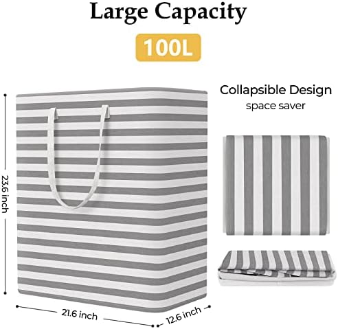StorageRight Laundry Basket Hamper, 100L Clothes Storage, Striped Grey - Image 2