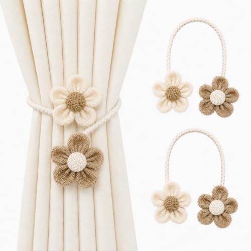 2 Pack Boho Curtain Tiebacks, Adjustable Linen Cotton Flower Holdbacks by Unknown